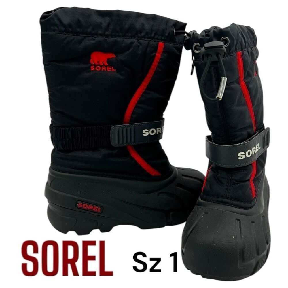 Youth Sorel Flurry Snow Winter Boot Sz US  1 EUR 32 BLACK RED $70 MSRP